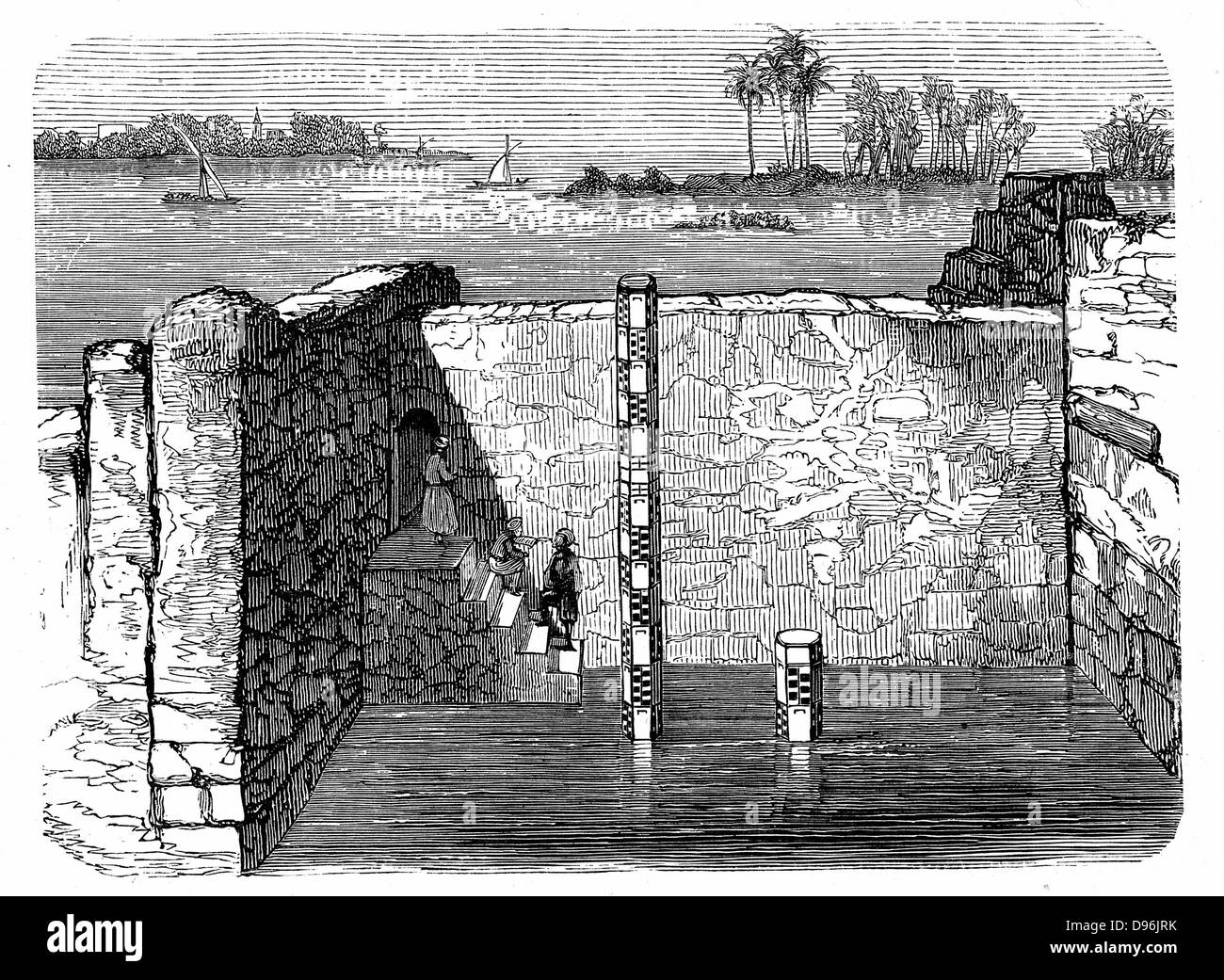 Nilometer, remains of ancient device for measuring annual inundation of the Nile. Annual flooding vitally important to Egypt as it governed fertility of soil and could mean difference between abundance and starvation. Engraving c1885 Stock Photo
