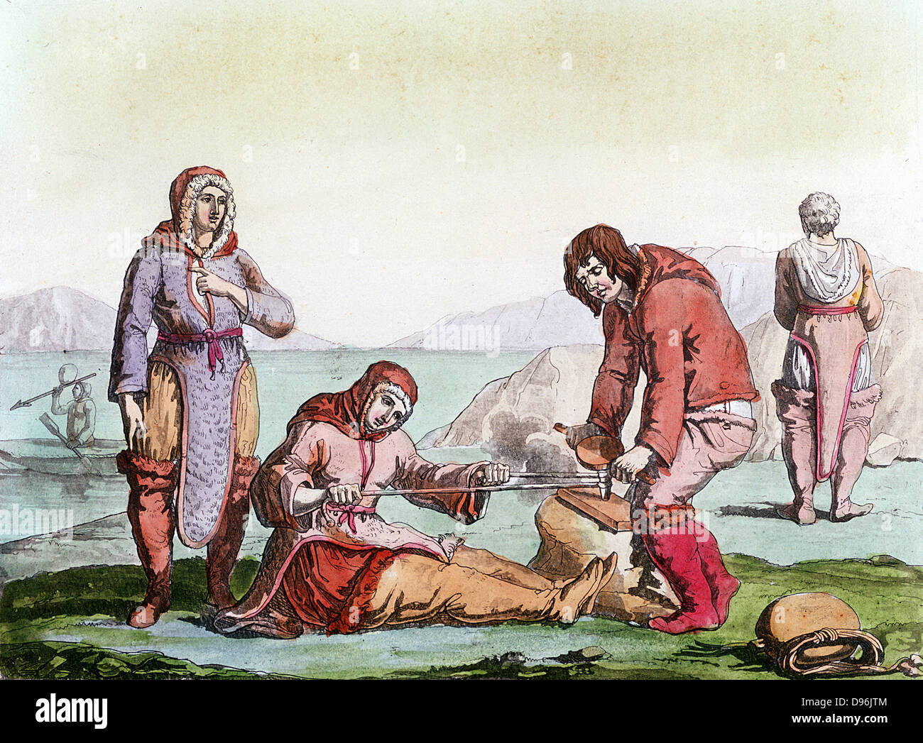 Natives of the Arctic, dressed in animal skins, using a thong drill to make fire (blister method). From 'Costume Antico et Moderno', Rome, 1825-35 Stock Photo