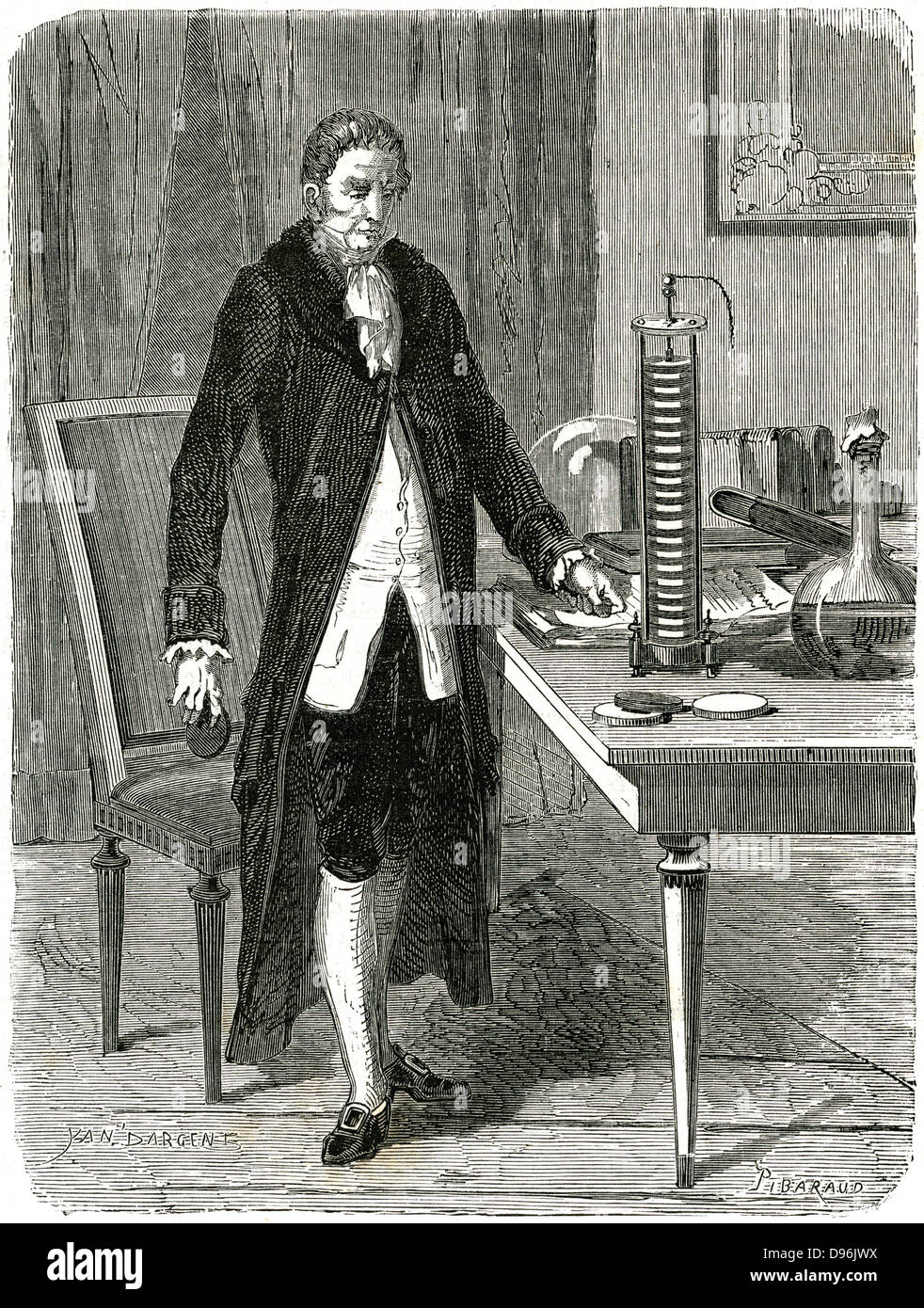 Alessandro Volta (1745-1827) Italian physicist, demonstrating his electric pile (battery). Wood engraving, Paris, c1870. Stock Photo