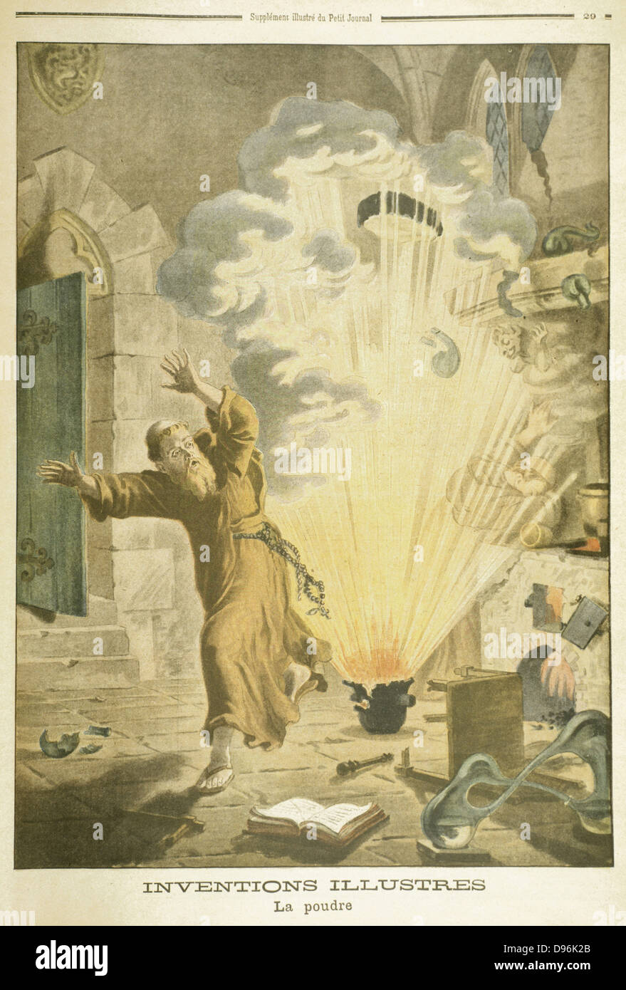 Berthold Schwarz (active 1320). German Franciscan monk and alchemist, supposed to be the first European to discover Gunpowder. Illustration from Le Petit Journal,  Paris, 1901 Stock Photo