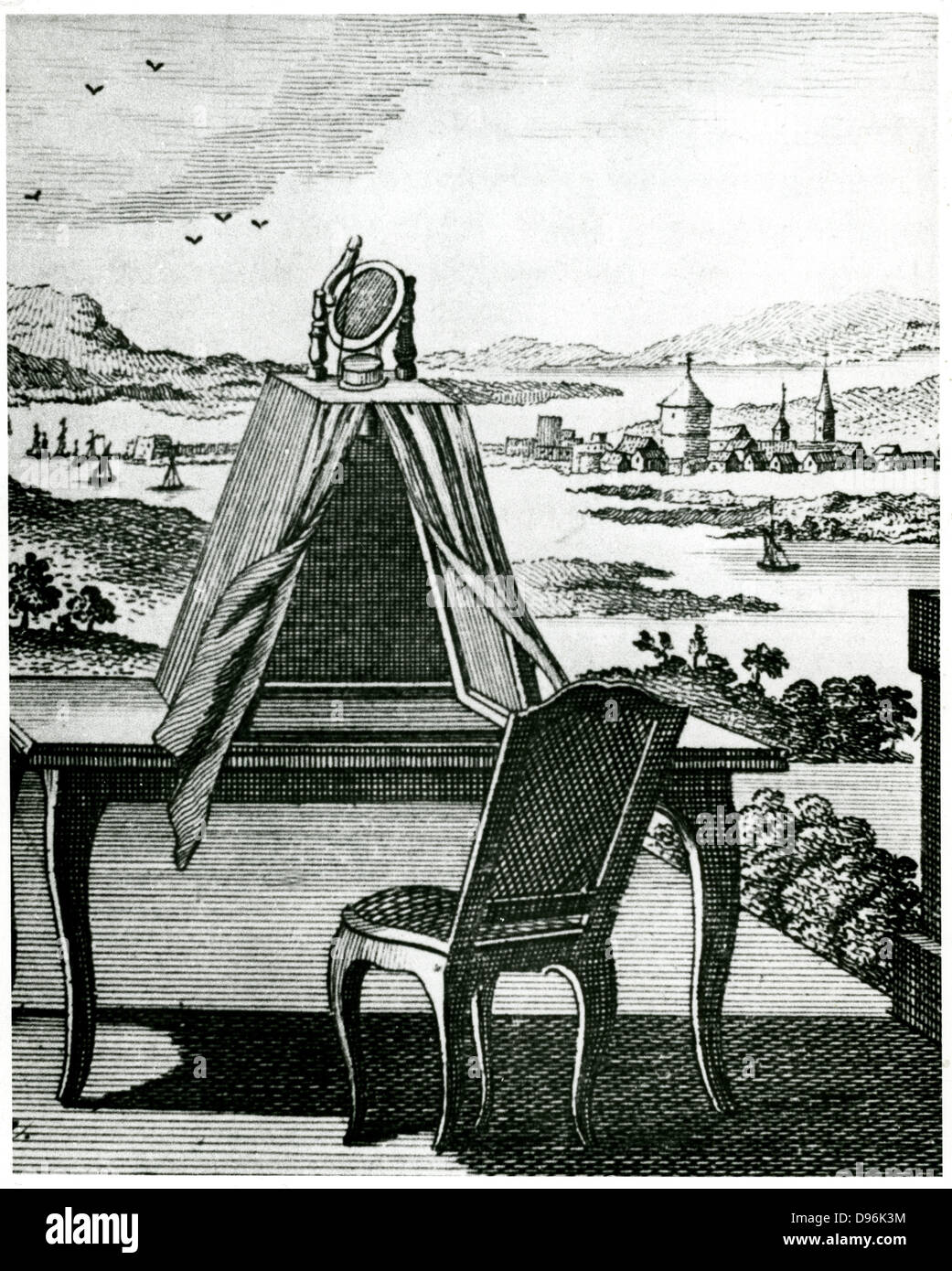Portable tent type of camera obscura placed on a table so that it could be used to draw the landscape projected down onto sheet of white paper on table. From 'The Complete Dictionary of Arts and Sciences', edited T.H. Crocker, T. Williams and S. Clarke, London, 1764. Engraving Stock Photo