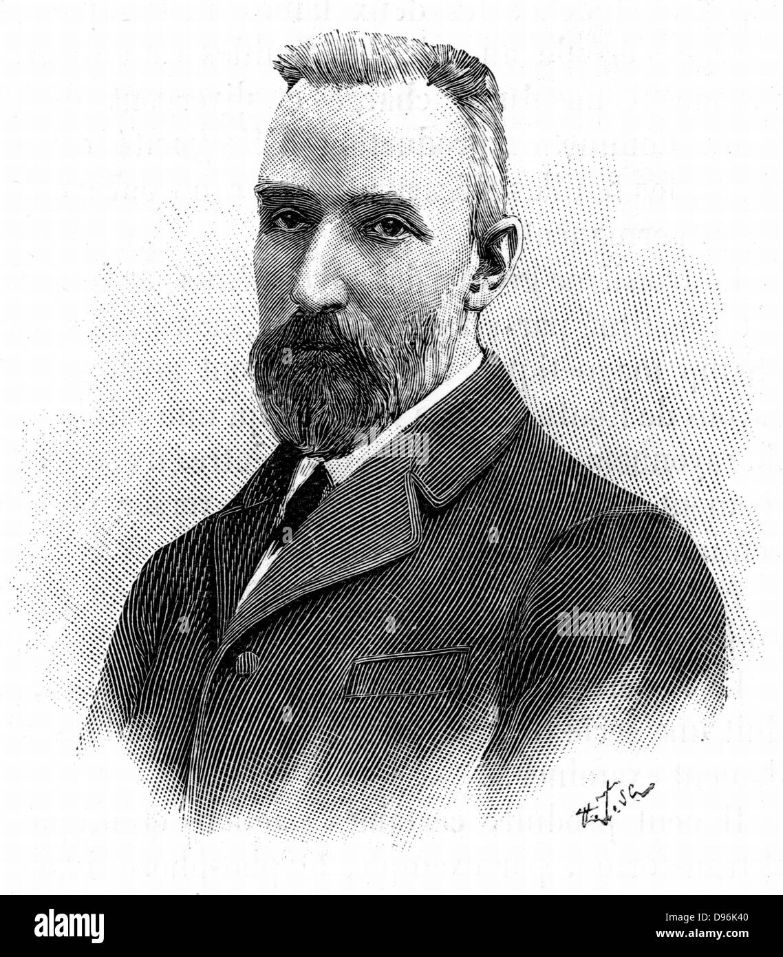 Pierre Curie (1859-1906) French chemist. Awarded Nobel prize for physics in 1903 jointly with his wife, Marie, and Henri Becquerel. Engraving Stock Photo