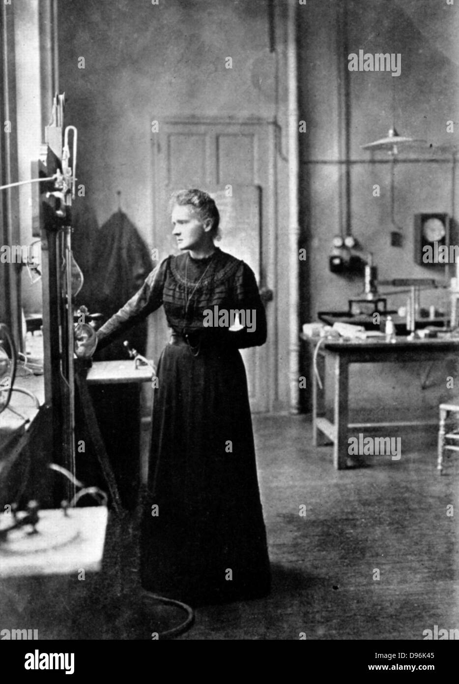 Marie Curie (1867-1934) Polish-born French physicist in her laboratory, 1912, the year after she was awarded her second Nobel prize (for chemistry).  Awarded Nobel prize for physics in 1903 jointly with her husband, Pierre, and Henri Becquerel. Stock Photo