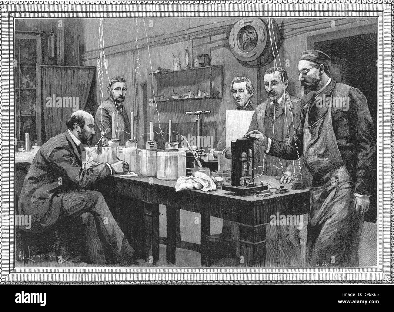 Physics research laboratory at the Sorbonne, Paris. Engraving, 1895. Stock Photo