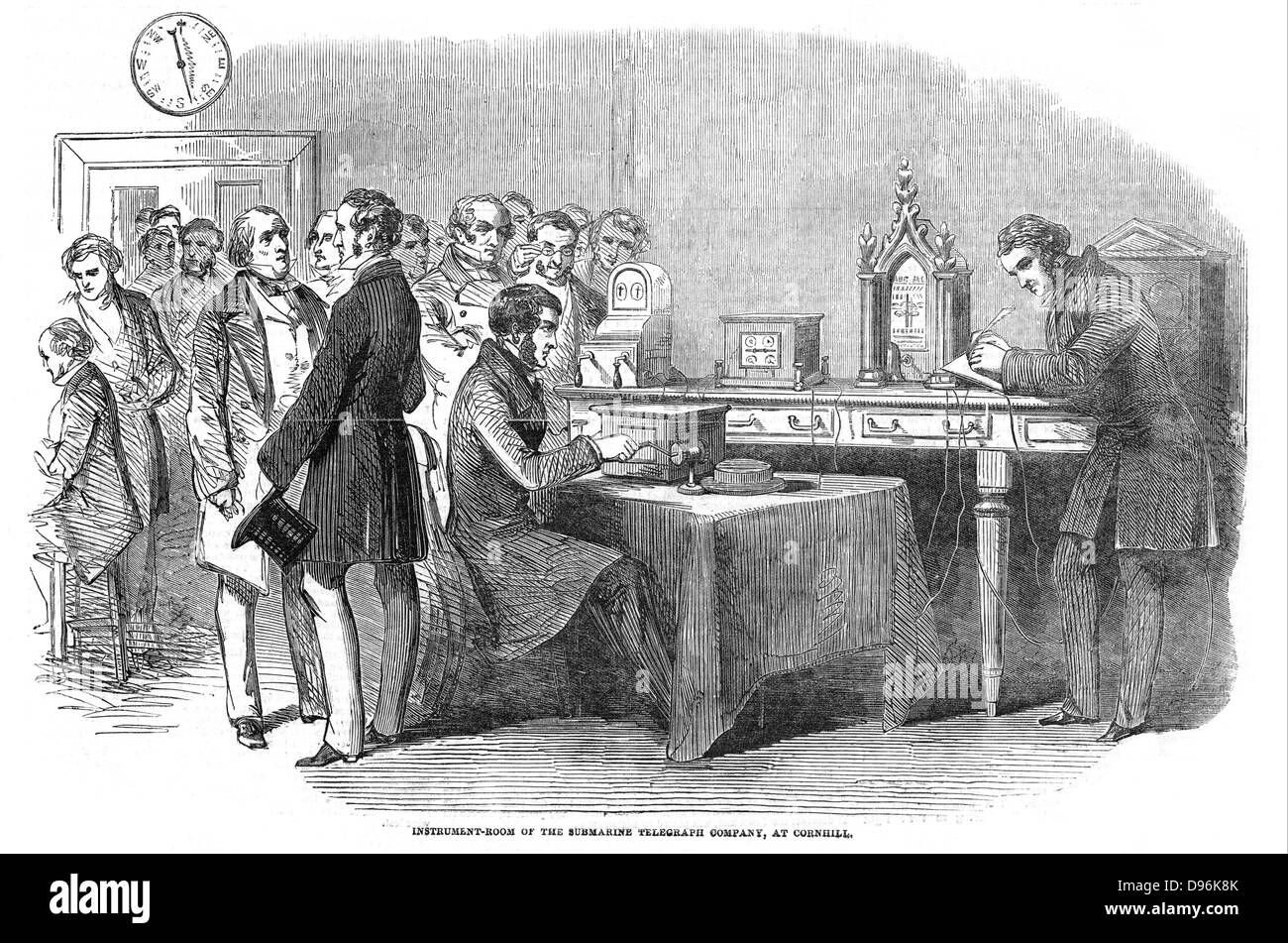 Opening of the London to Paris telegraph link. Instrument room at the Submarine Telegraph Company, Cornhill, London, showing the Wheatstone needle telegraph instruments.  From The Illustrated London News, 13 November 1852 Stock Photo