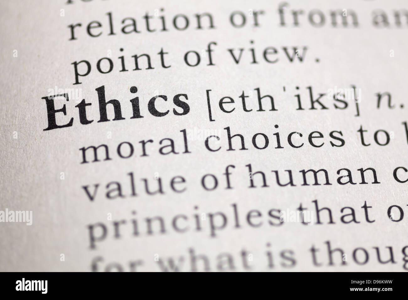 Dictionary definition of the word Ethics. Stock Photo