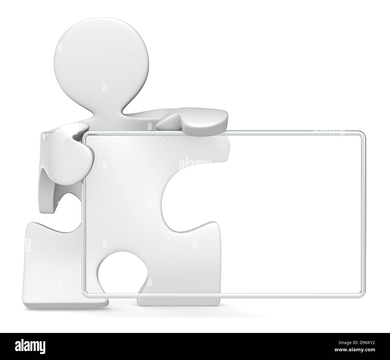 Puzzle People holding blank glass board for copy space. Stock Photo