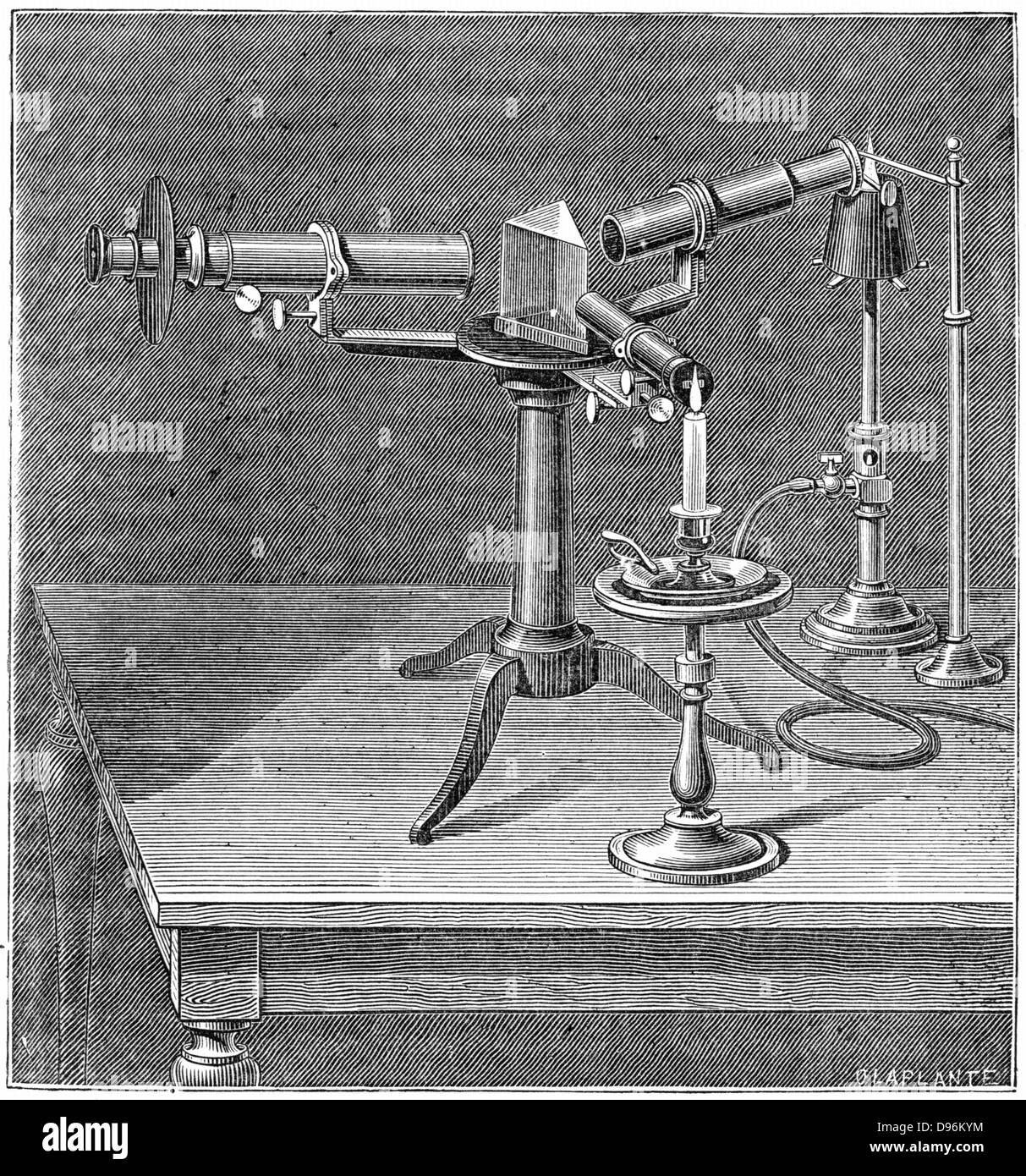 Spectroscope of the type used by Robert Wilhelm Bunsen (1811-1899) and Gustav Robert Kirchhoff (1824-1887). Discovered Spectrum Analysis (1859) which enabled discovery of elements including caesium and rubidium.  Engraving c1895. Stock Photo