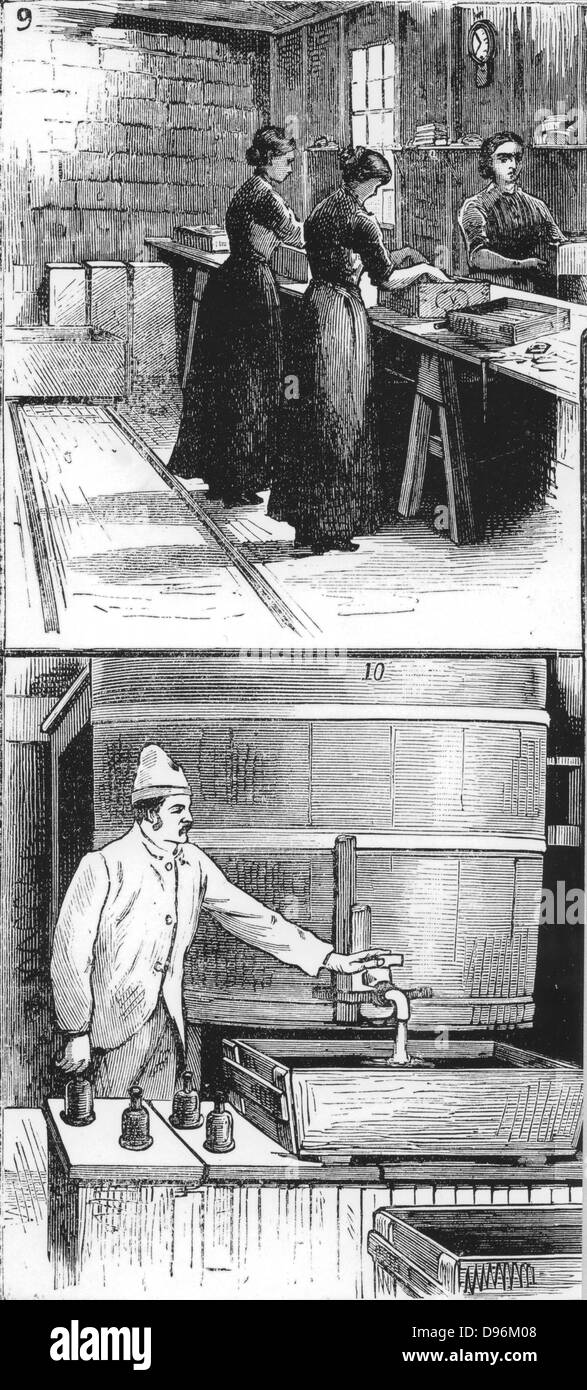 Nobel Explosives Company Limited, Ardeer, Ayrshire. 9: Women packing Dynamite cartridges into boxes.  10: Nitroglycerine washing house. From 'The Illustrated London News', 16 April 1884 Stock Photo