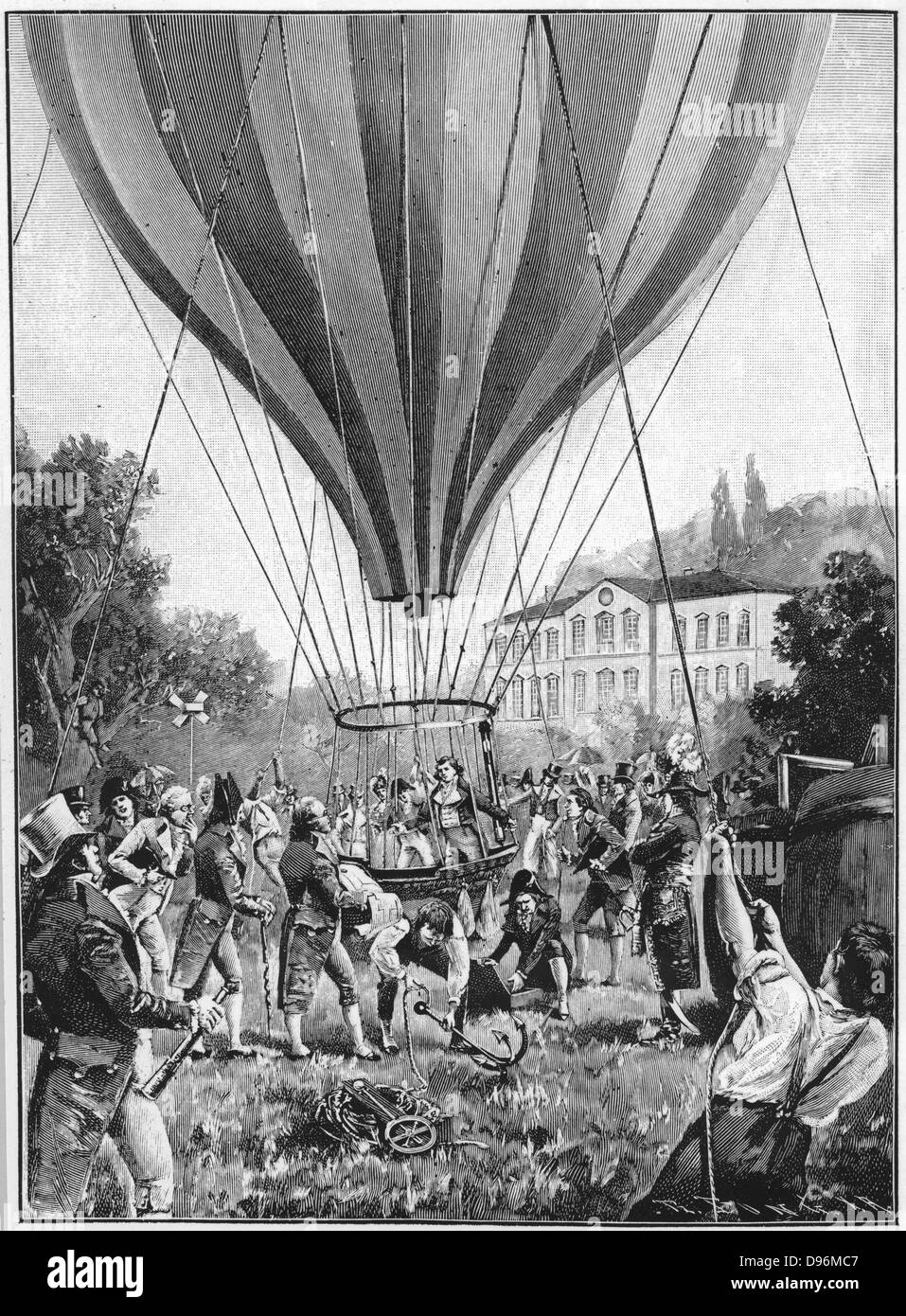 Joseph Louis Gay-Lussac (1778-1850) French chemist, physicist and balloonist, making a balloon ascent from Paris, 14 September 1804. On this flight he reached a height of 7016m and confirmed many of the observations he and Biot made on their flight of 20 August 1804. From Lecornu 'La Navigation Aerienne', Paris, 1910 Stock Photo