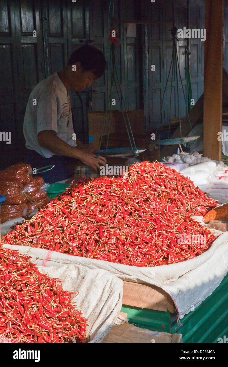CHILES for sale in the CENTRAL MARKET in KENGTUNG also known as KYAINGTONG - MYANMAR Stock Photo
