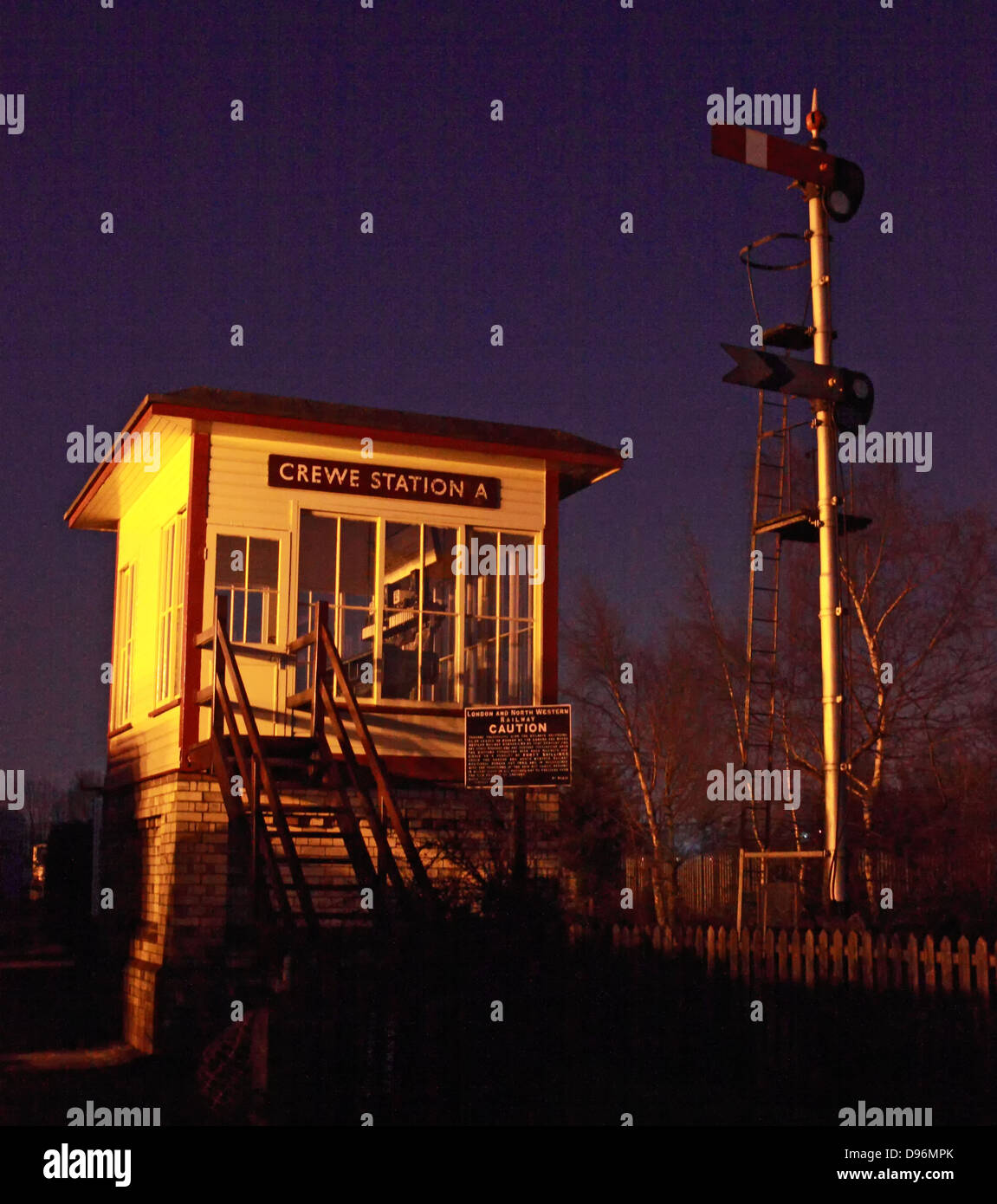 Crewe Station A, old preserved signal box, at Dusk, Cheshire England, UK, CW1 2DB Stock Photo