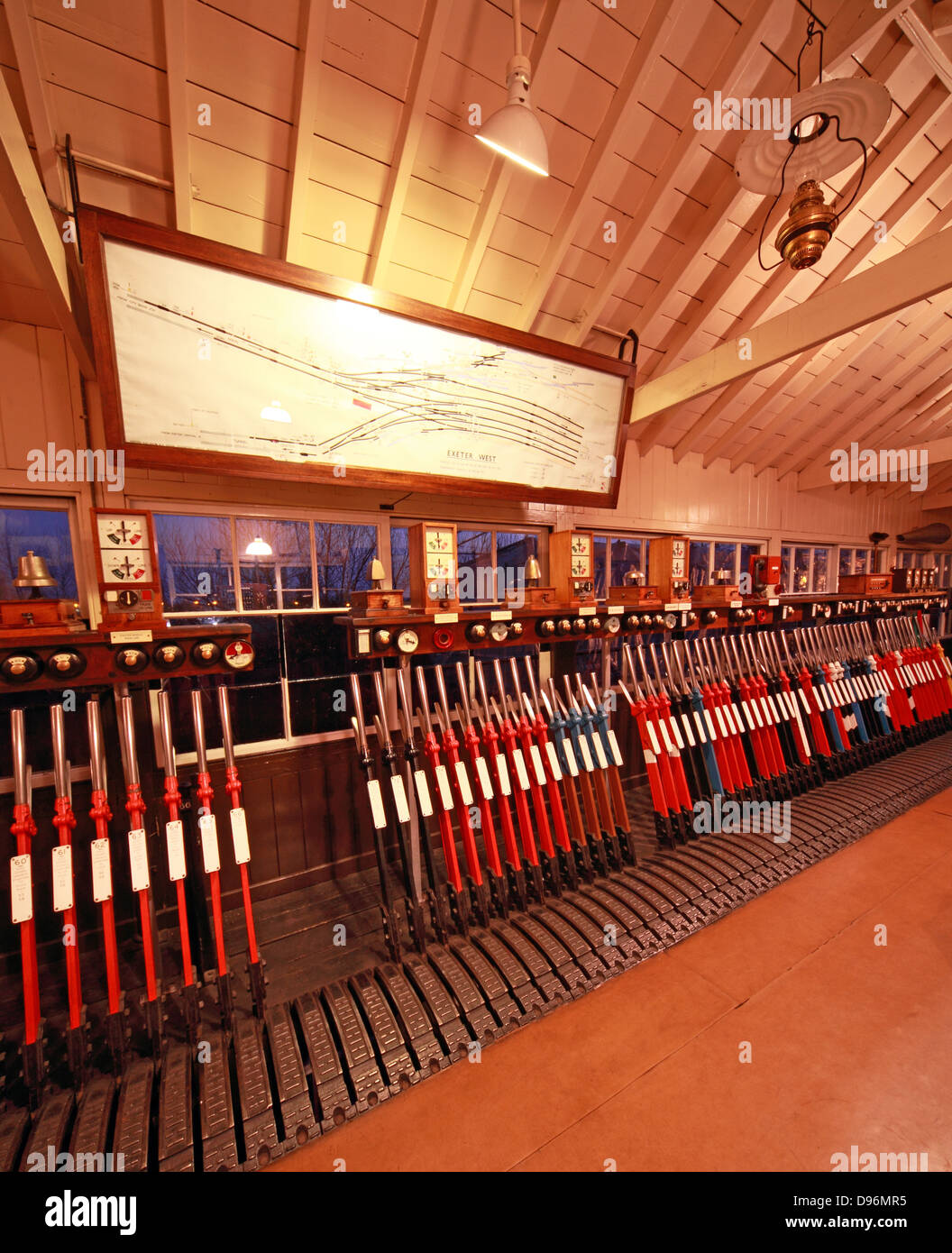 Evening with the levers in the Exeter West signalbox, Crewe, fisheye view Stock Photo