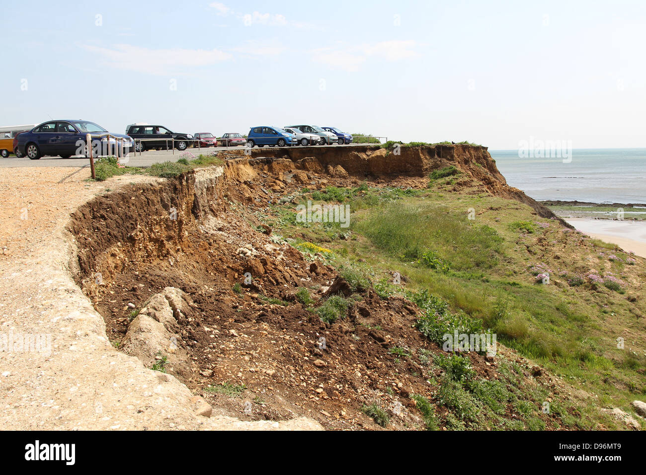 Compton bay car park collapsing towards the beach due to erosion Stock
