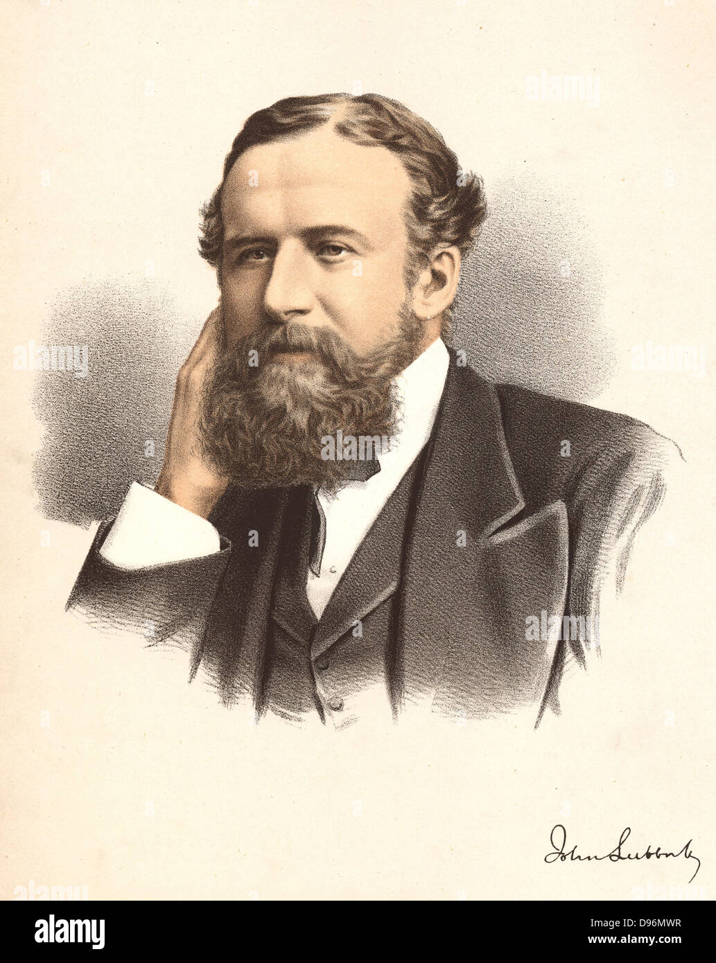 John Lubbock, first Baron Avebury (1834-1913) English banker, naturalist and archaeologist. From 'The Modern Portrait Gallery', Cassell, Petter and Galpin, London c.1880. Tinted lithograph Stock Photo