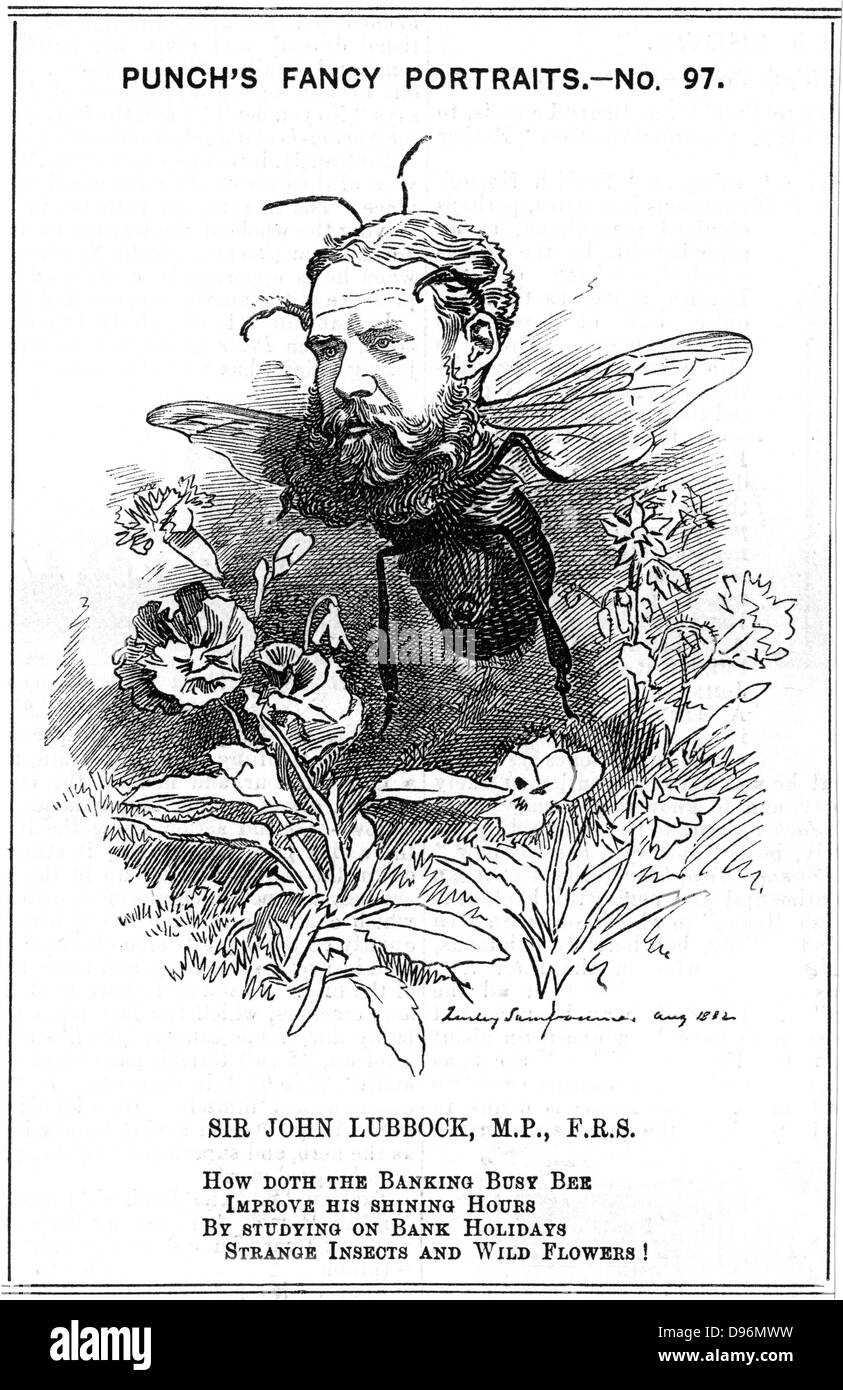 John Lubbock, first Baron Avebury (1834-1913) English banker, naturalist and archaeologist. In addition to his political activities he did research on ants and other insects. Cartoon by Edward Linley Sambourne from 'Punch', London, 19 August 1882 Stock Photo