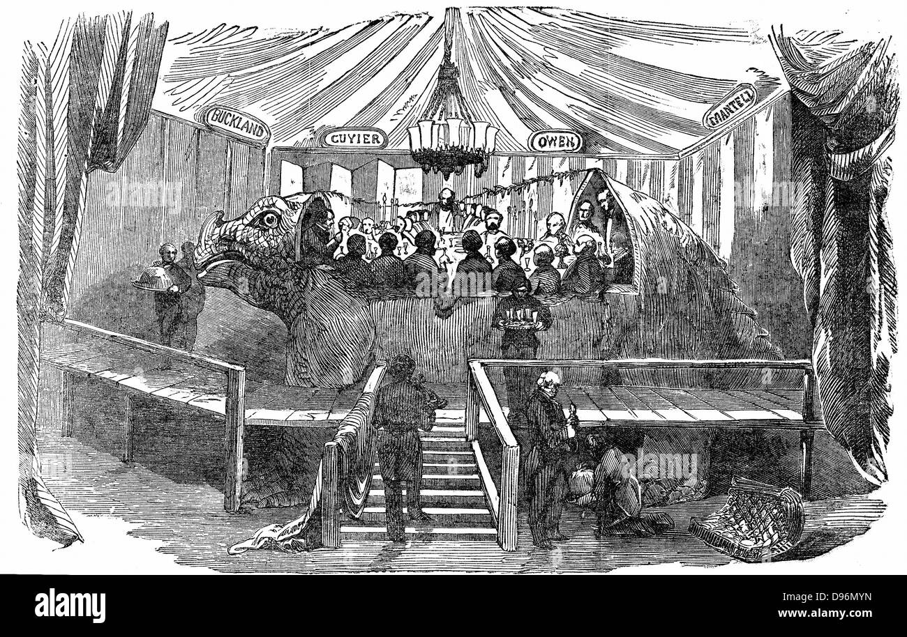 Dinner given by Waterhouse Hawkins (the maker) to celebrate the completion of two Iguanadon statues to be put on display at the Crystal Palace, Sydenham, New Year's Eve, 1853. Guests included Richard Owen, E Forbes, the geologist Prestwick and the ornithologist Gould. From 'The Illustrated London News', January 1854. Stock Photo