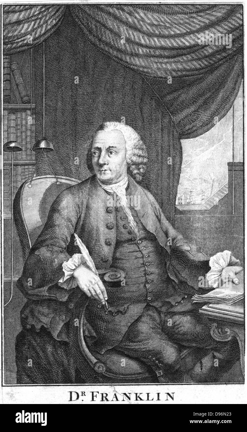 Benjamin Franklin (1706-1790) American scientist, statesman and diplomat. In this picture his studies of the electrical nature of lightning are represented. Engraving Stock Photo