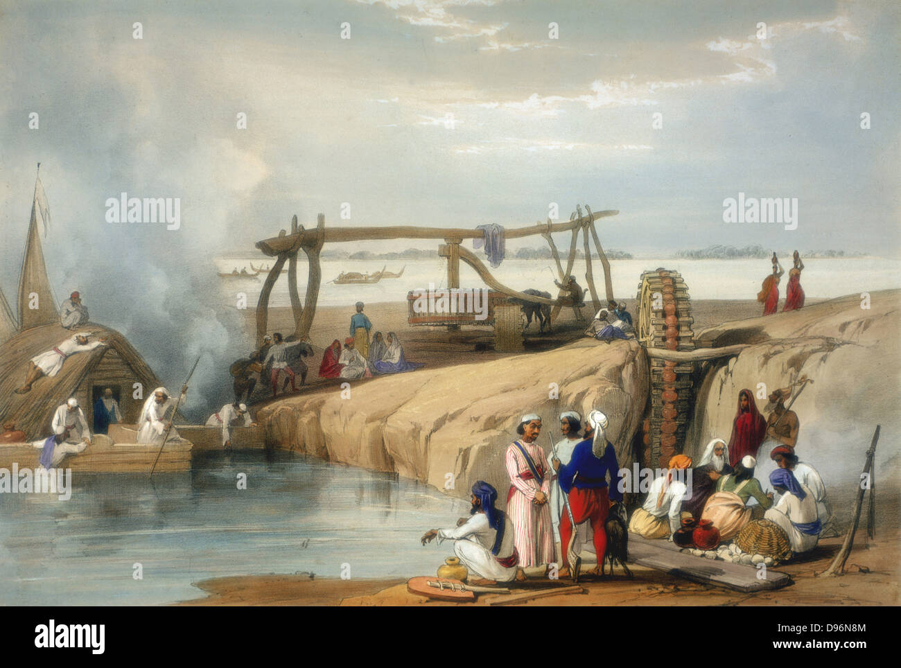 Persian wheel raising water from the Sutlej River - Punjab, Pakistan. (India). Hand coloured lithograph from Atkinson 'Afghanistan', London, 1842 Stock Photo