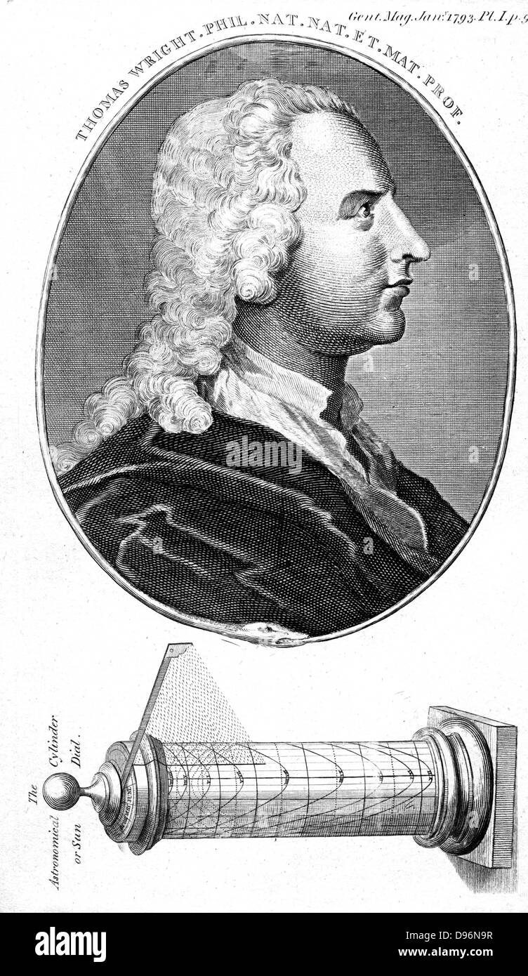 Thomas Wright (1711-1786) English astronomer. From 'The Gentleman's Magazine', London, 1793. The object at the bottom of the engraving is a cylinder sundial for telling the time. Stock Photo