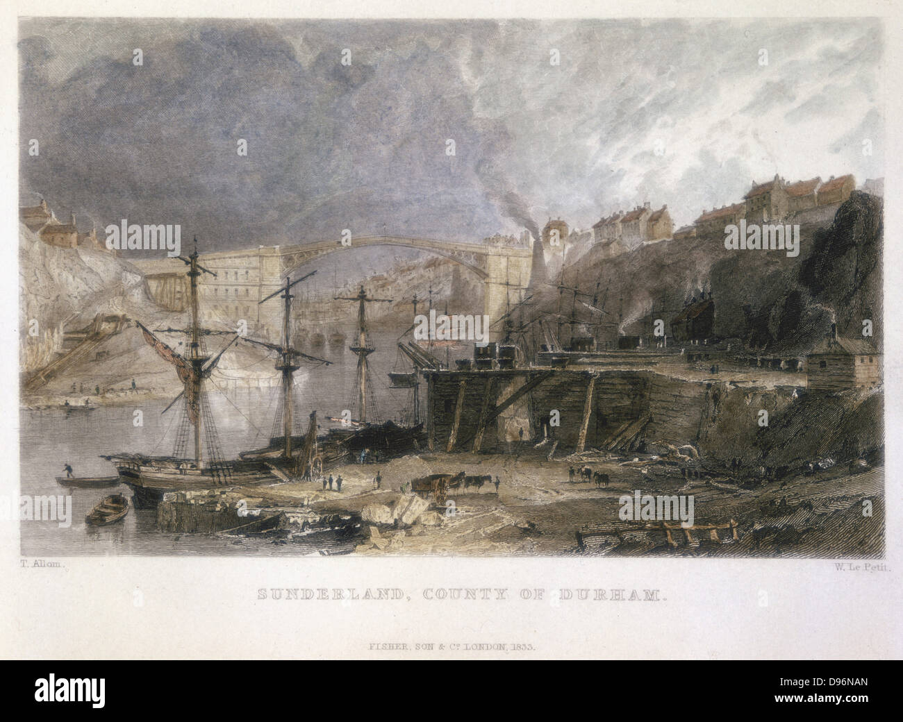 View of Sunderland the Iron Bridge across the Tyne at Wearmouth looking eastwards. Opened on 9 August 1796  it was a single span of 236 feet (71.9 metre). Hand-coloured print dated 1835. Stock Photo