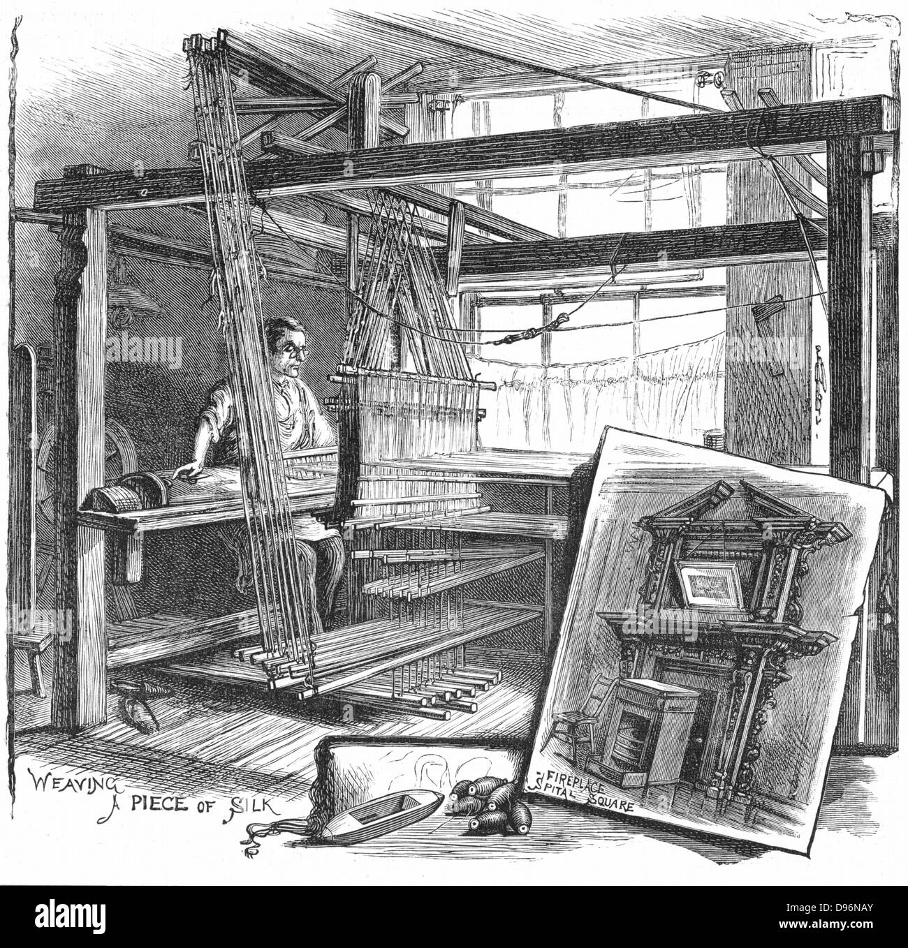A Spitalfields silk weaver: This man could earn 70p in a good week, but by this date the industry had declined and work was hard to come by. The Spitalfields silk industry begun by Huguenot refugees who left France after Revocation of Edict of Nantes (1685) by Louis XIV. From 'Cassell's Family Magazine', London 1884. Engraving. Stock Photo