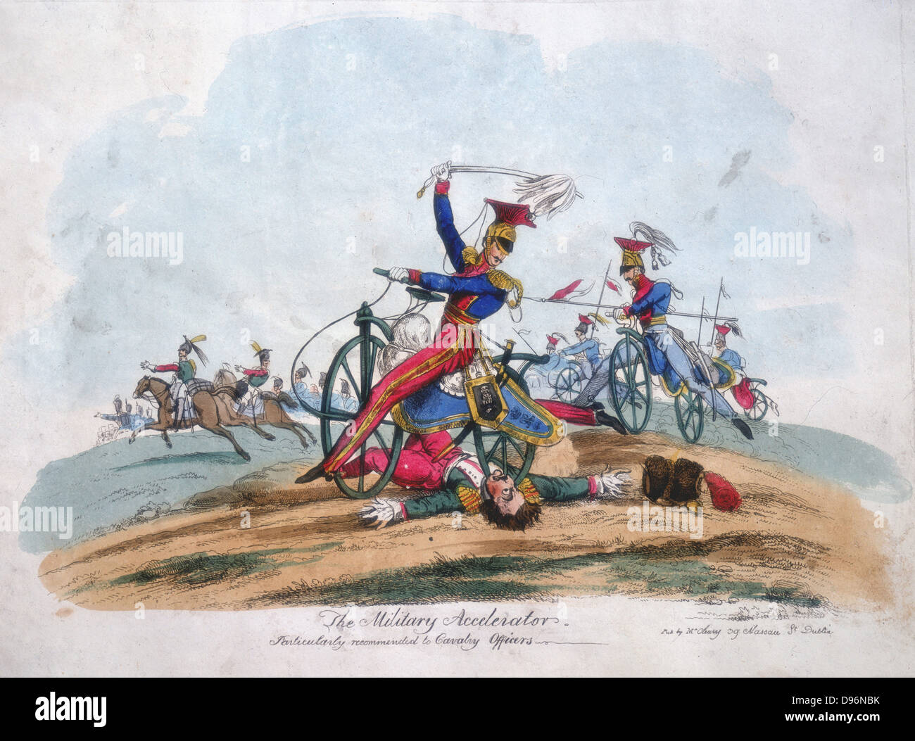 The Military Accelerator'. Suggested use by the Cavalryof the Hobby-Horse or Dandy-Horse introduced into the British Isles in 1818. From a print published in Dublin c1820. Stock Photo