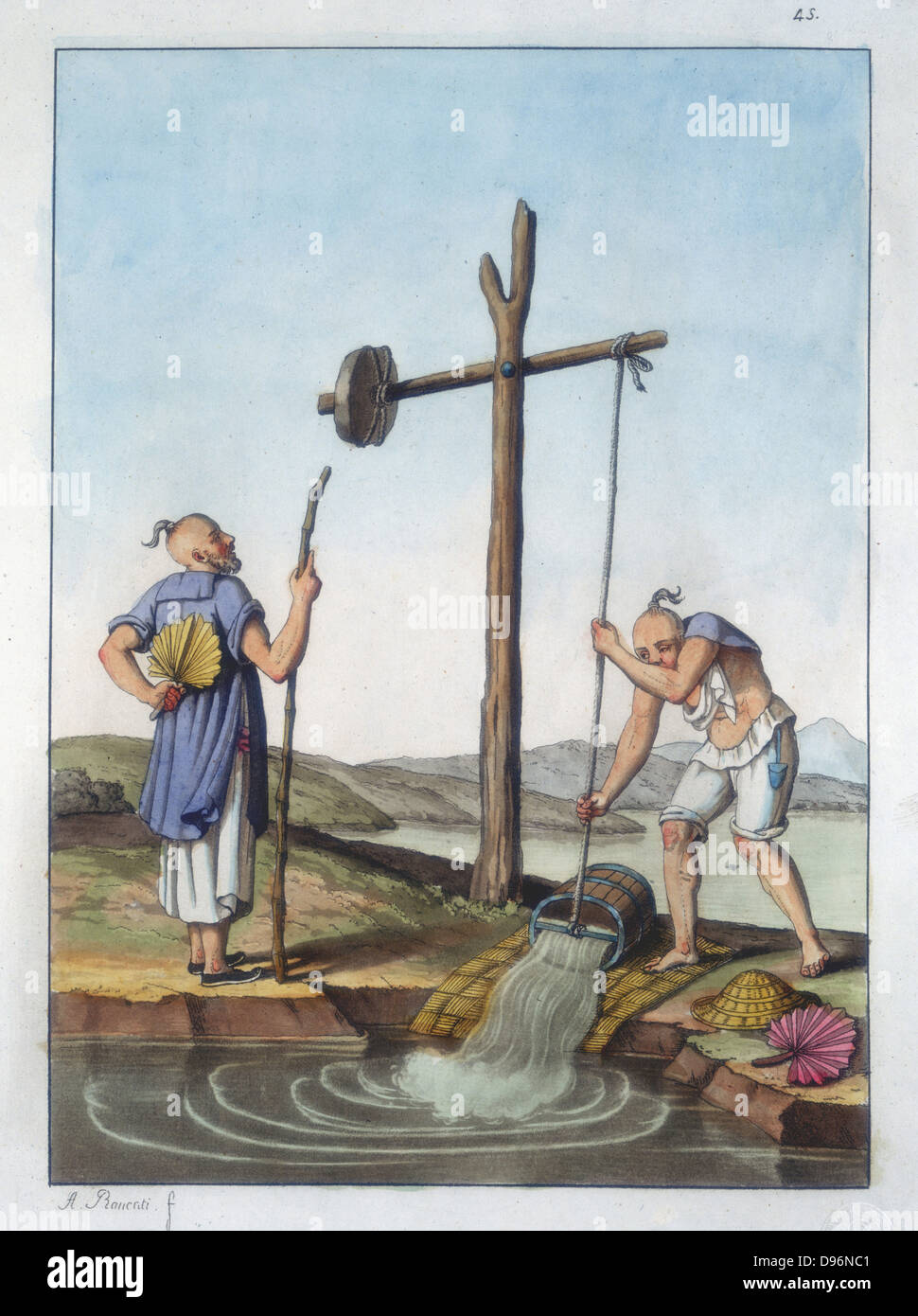 Raising water by means of a Shaduf (shadoof) China. Aquatint from 'Costume Antico et Moderno', Rome, 1825-1835. Stock Photo