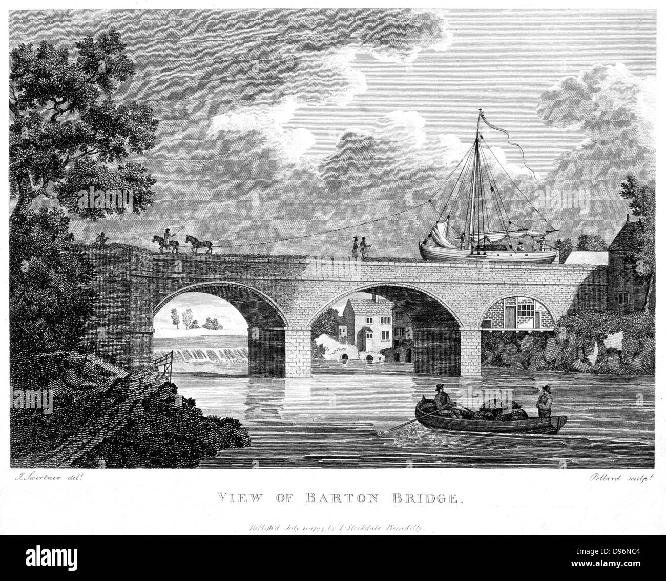 Bridgewater Canal, built to carry coals from the Duke of Bridgewater's mines at Worsley into the city of Manchester . Barge crossing the Barton aqueduct over the Irwell.  Canal opened 17 July 1761 and was later extended to Liverpool. Engineer: James Brindley. From copperplate by Pollard published in 1794. Stock Photo