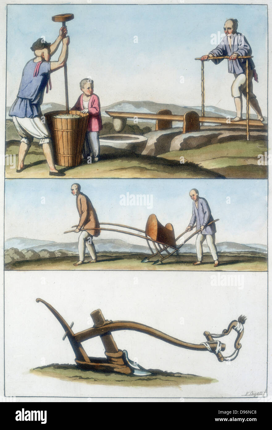 Top: Pounding rice in a pestel and mortar. Mid: Chinese seed drill. Bot: Chinese plough. Aquatint published Rome c1830. Stock Photo