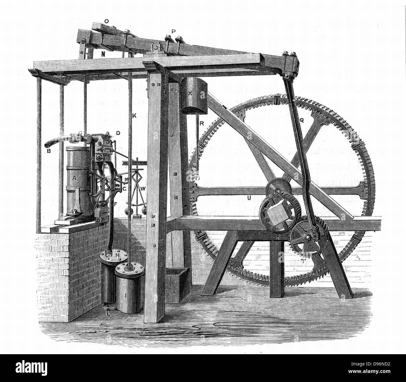 James Watt's (1736-1819) prototype steam engine 'Old Bess' c1778.  In this engine, which was erected at the Soho works, Birmingham, England, in 1777-1778,  reciprocating motion was turned into rotary motion by a sun-and-planet gear train. From 'Lives of Boulton and Watt', Samuel Smiles, (London, 1861). Engraving. Stock Photo