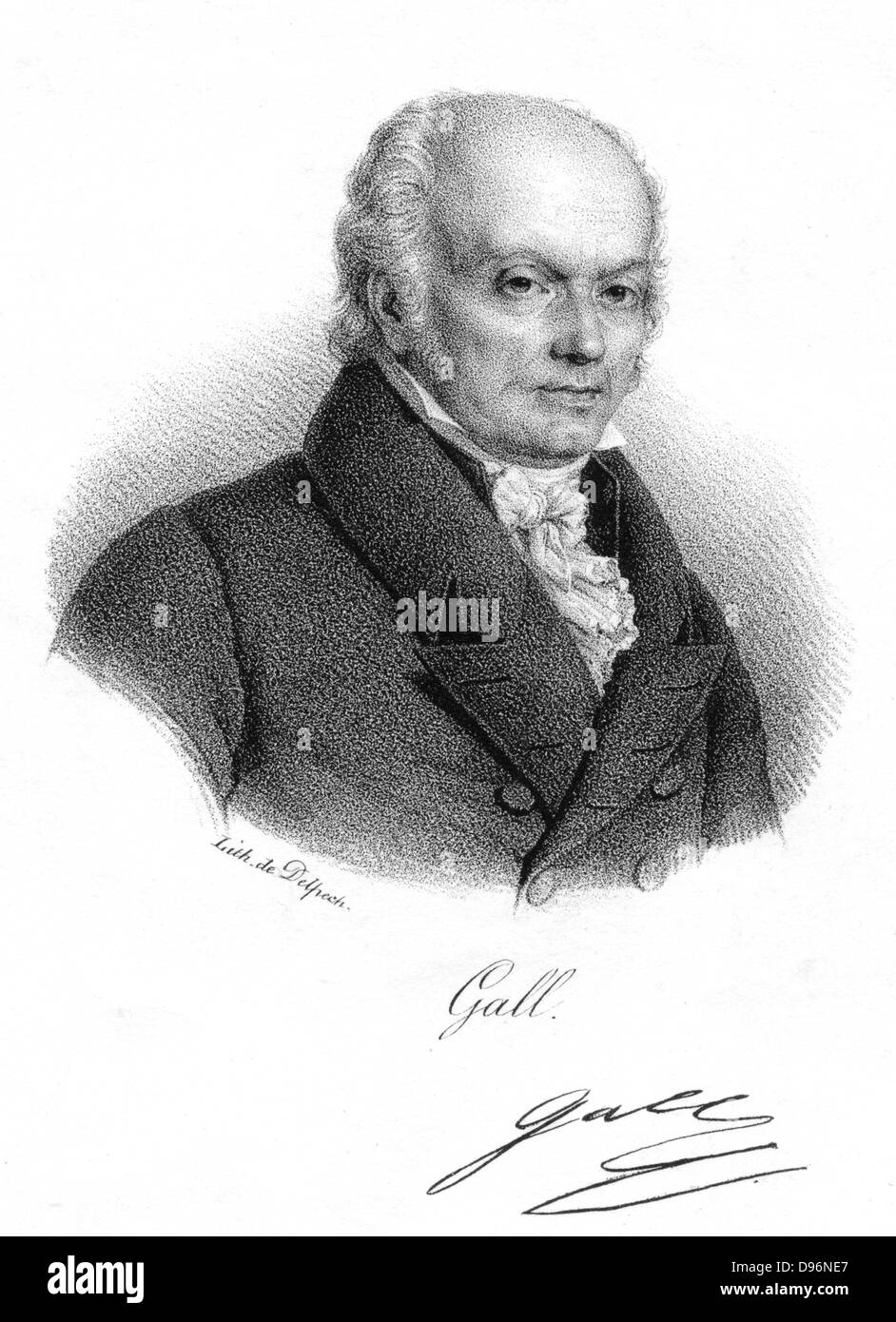 Franz Joseph Gall (1758-1828), German physician and founder of Phrenology, c1820. The theory that different mental powers are governed by particular regions of the brain which can be recognised by the contours of the cranium had great popularity but was suppressed in 1802 as being a subversive religion.  It enjoyed a second wave of popularity later in the 19th century.  French lithograph c1820. Stock Photo