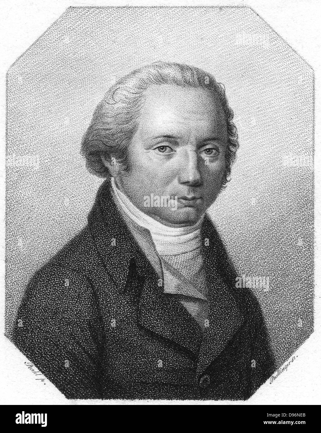 Franz Joseph Gall (1758-1828), German physician and founder of Phrenology, c1790.   The theory that different mental powers are governed by particular regions of the brain which can be recognised by the contours of the cranium had great popularity but was suppressed in 1802 as being a subversive religion.  It enjoyed a second wave of popularity later in the 19th century.  Stipple engraving c1790, Stock Photo