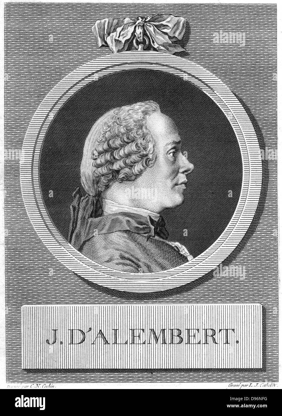 Jean le Rond D'Alembert (1717-1783) French philosopher, mathematician and encyclopedist. [18th century]. Collaborated with Denis Diderot (1713-1784) on the 'Encyclopedie' of which he was scientific editor until 1758 and for which he wrote the 'Discours Preliminaire' declaring the philosophy of the French Enlightenment. Engraving by LJ Cathelin (1738-1804) after CN Cochin (1715-1790). Stock Photo