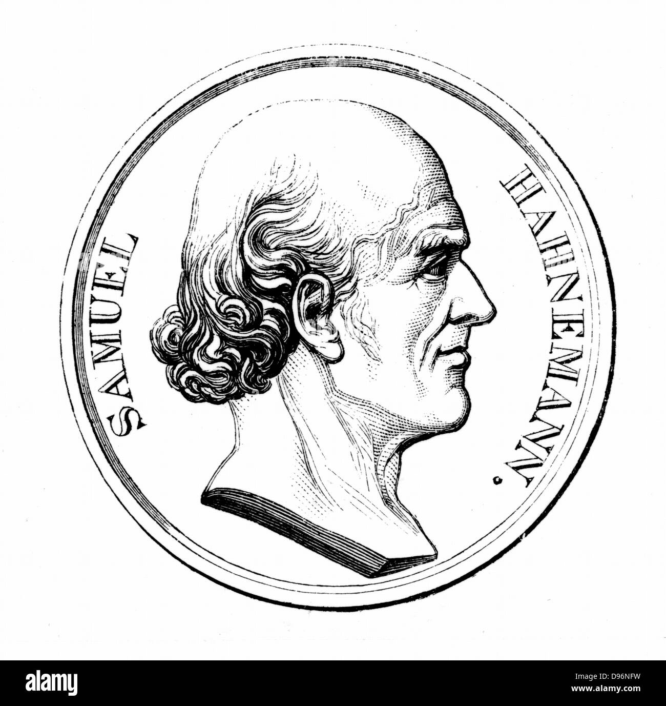 (Christian Friedrich) Samuel Hahnemann (1755-1843), German physician. Founded Homeopathy c1798.  Engraving after a commemorative medal. Stock Photo