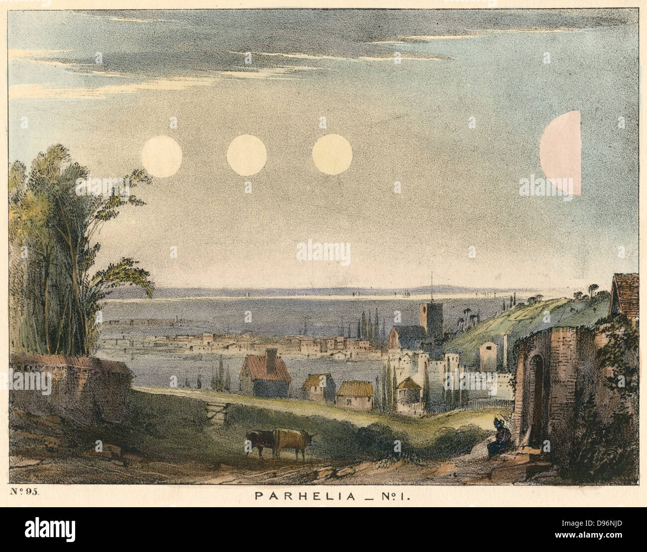 Parhelia (Mock Suns) without haloes, observed in England in 1698.  On this occasion the phenomenon, caused by atmospheric refraction, began at 8am when true Sun shone through watery cloud, with mock suns appearing either side, and a pink half mock sun further off.  The phenomenon  lasted for two hours.  From 'The Beauty of the Heavens', Charles F Blunt, (London, 1845). Coloured lithograph. Stock Photo