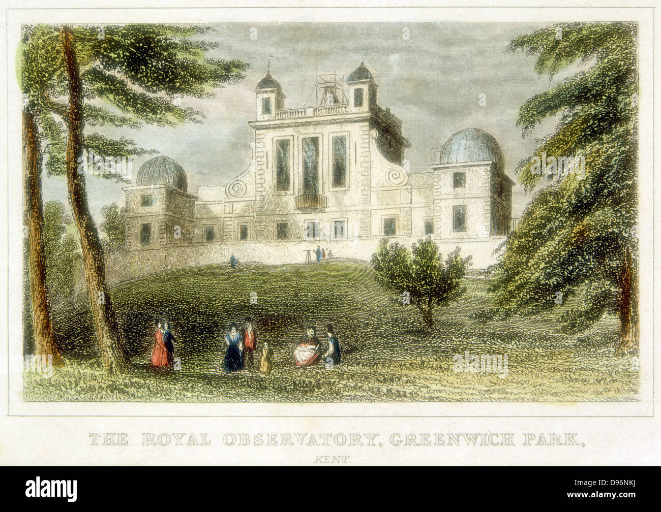 Flamsteed House, Greenwich Park,  near London, England, the Royal Greenwich Observatory. Built by Christopher Wren (1632-1723) on the orders of Charles II with the aim of providing  accurate navigation tables and of solving the problem of finding longitude at sea. Hand-coloured engraving c1835. Stock Photo