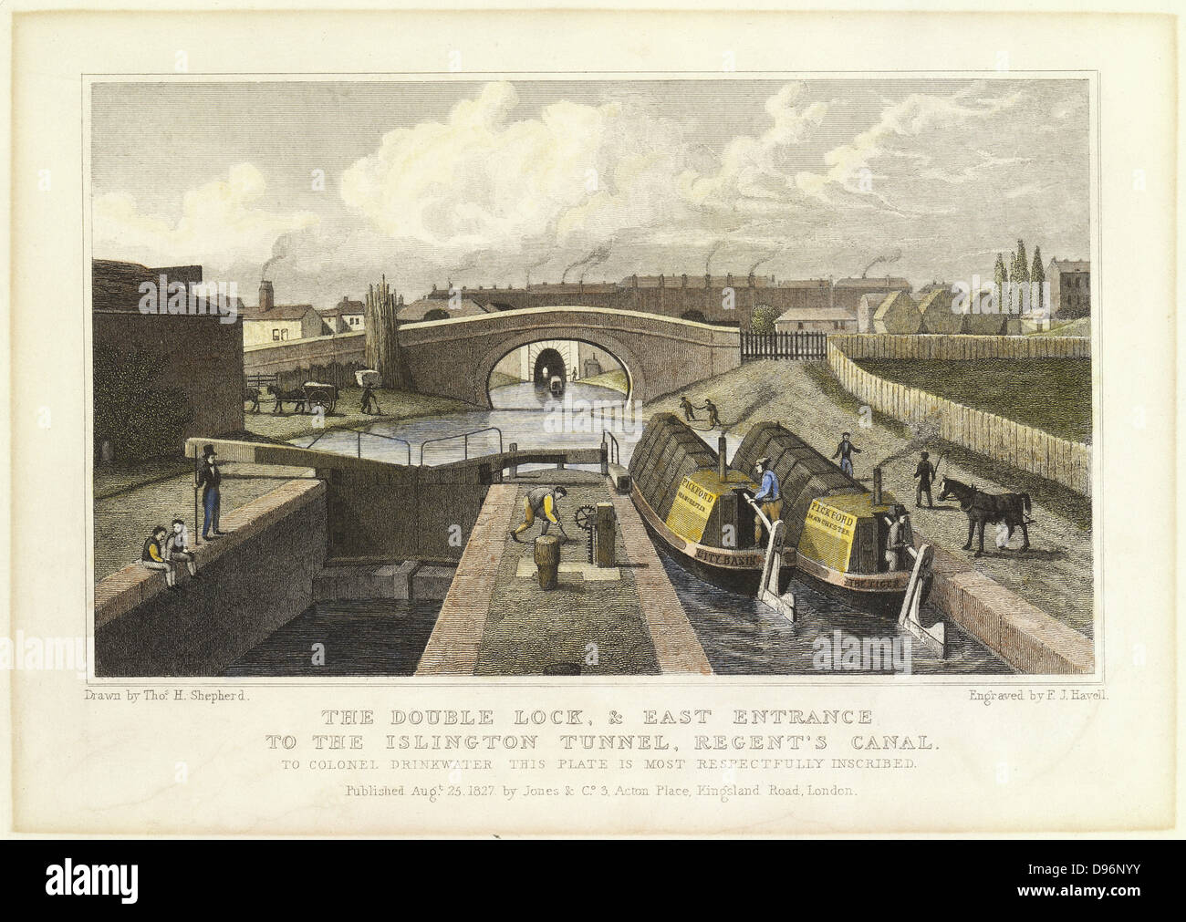 Double lock on the Regent's Canal, London showing the east end of the Islington Tunnel in the background. Hand-coloured engraving c1830 Stock Photo