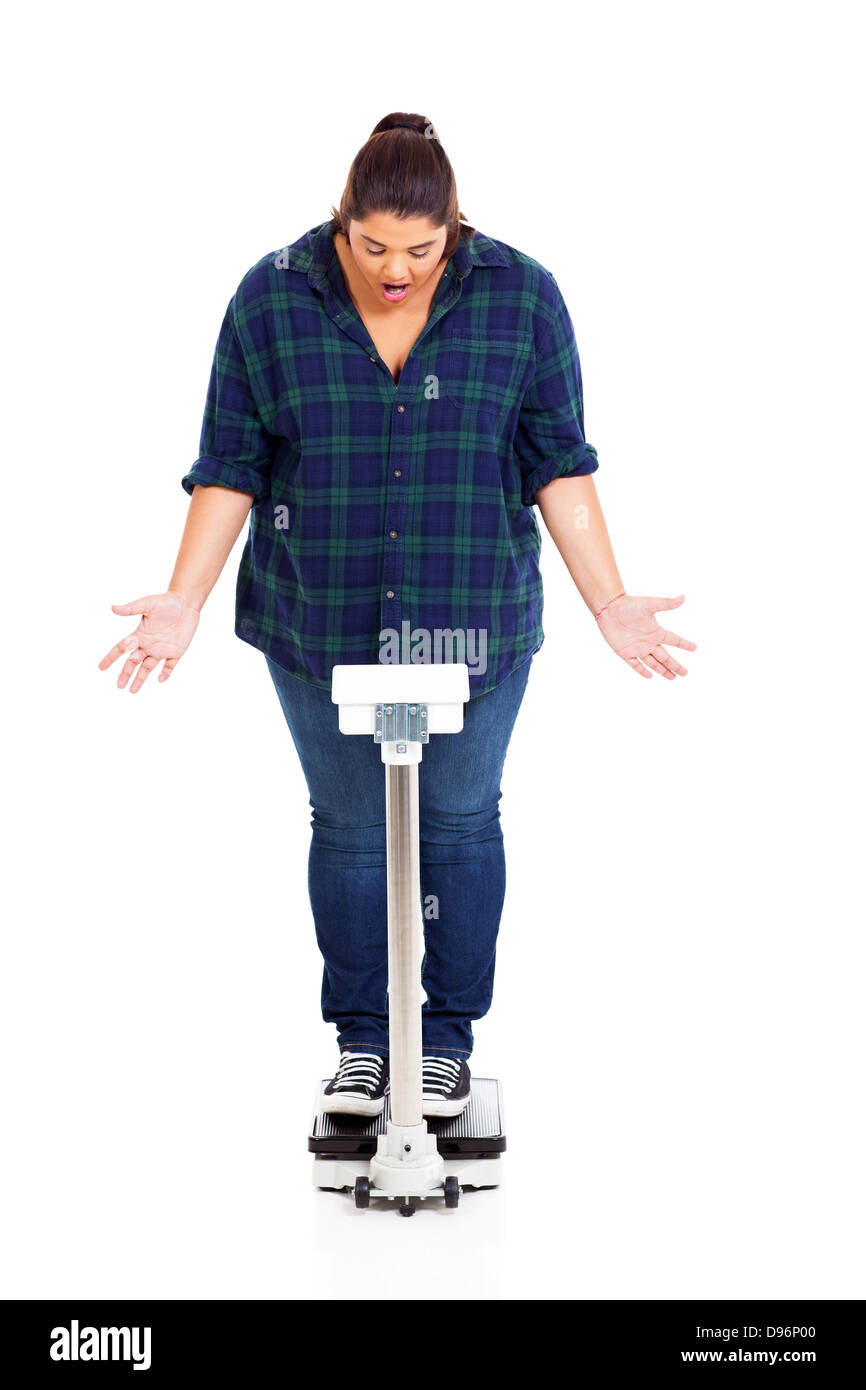 OMG! overweight woman got shocked when standing on scale weighting herself Stock Photo