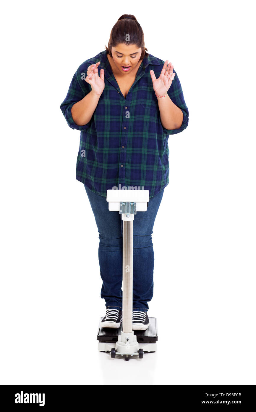 plus size teen girl shocked when weighting herself on scale Stock Photo