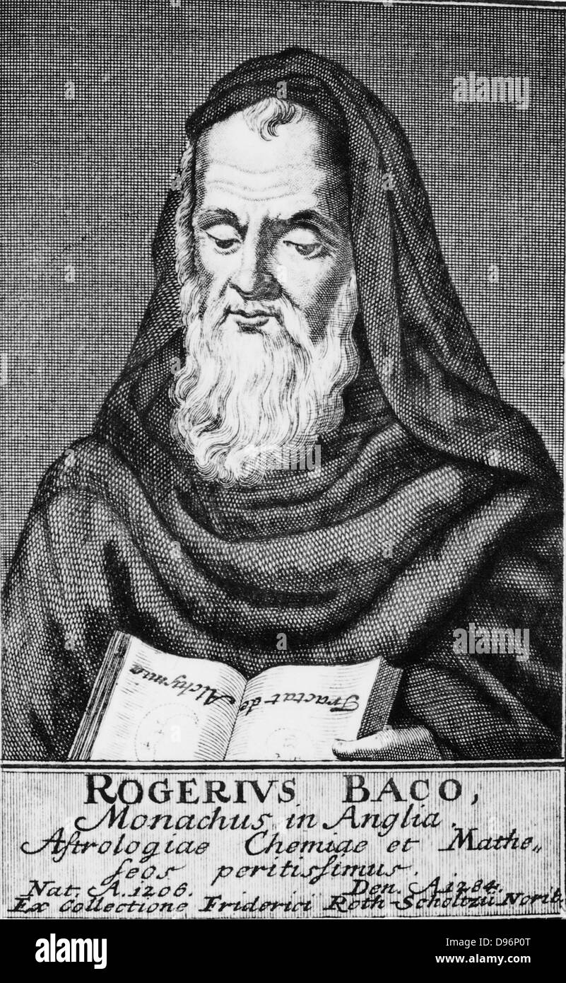 Roger Bacon (c1214-1292) English experimental scientist, philosopher and Franciscan (Grey Friar). Known as 'Doctor Mirabilis'. Copperplate engraving from Friedrich Roth-Scholtz 'Icones Virorum', Leipzig, 1725. Stock Photo