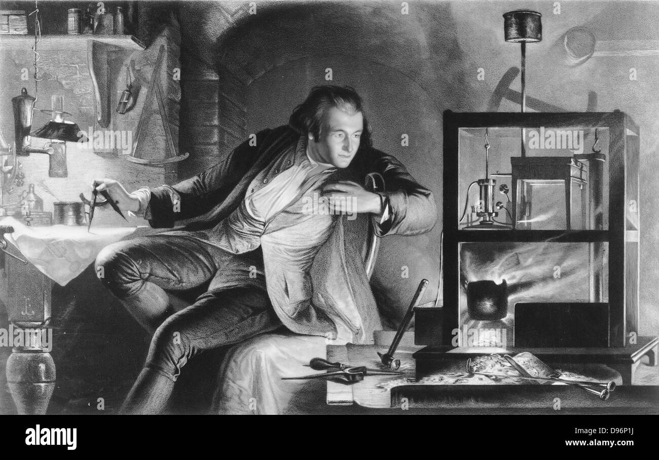 James Watt (1736-1819) Scottish inventor and mechanical engineer. Watt repairing a Newcomen syeam engine. After the picture by Marcus Stone. Stock Photo
