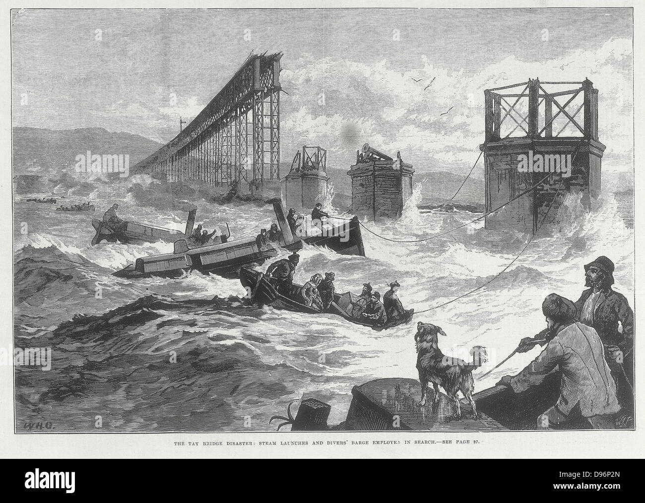 Tay Bridge disaster, 28 December  1879. Steam launches and divers' barge taking part in the search of the wreckage.  Engraving from 'The Illustrated London News', 1879. Stock Photo