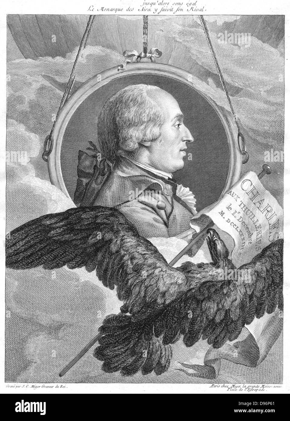 Jacques Alexander Cesar Charles (1746-83) French physicist. Print celebrating the first ascent in a hydrogen balloon, made by Charles from the Tuileries, Paris, on 1 December 1783.  He discovered connection between expansion of gases and rise in temperature (Charles's Law). Engraving by Simon Charles Miger (1747-1805). Stock Photo