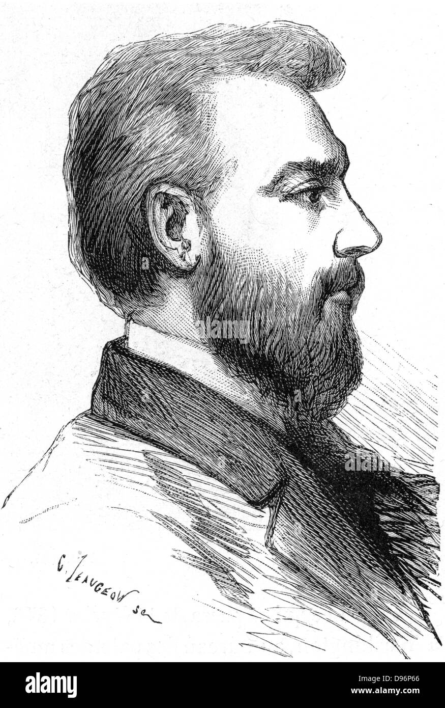 Alexander Graham Bell (1847-1922), Scottish born American inventor. Bell took out a patent for his telephone in 1876. From 'Les Nouvelles Conquetes de la Science', Louis Figuier, (Paris, 1883). Engraving. Stock Photo