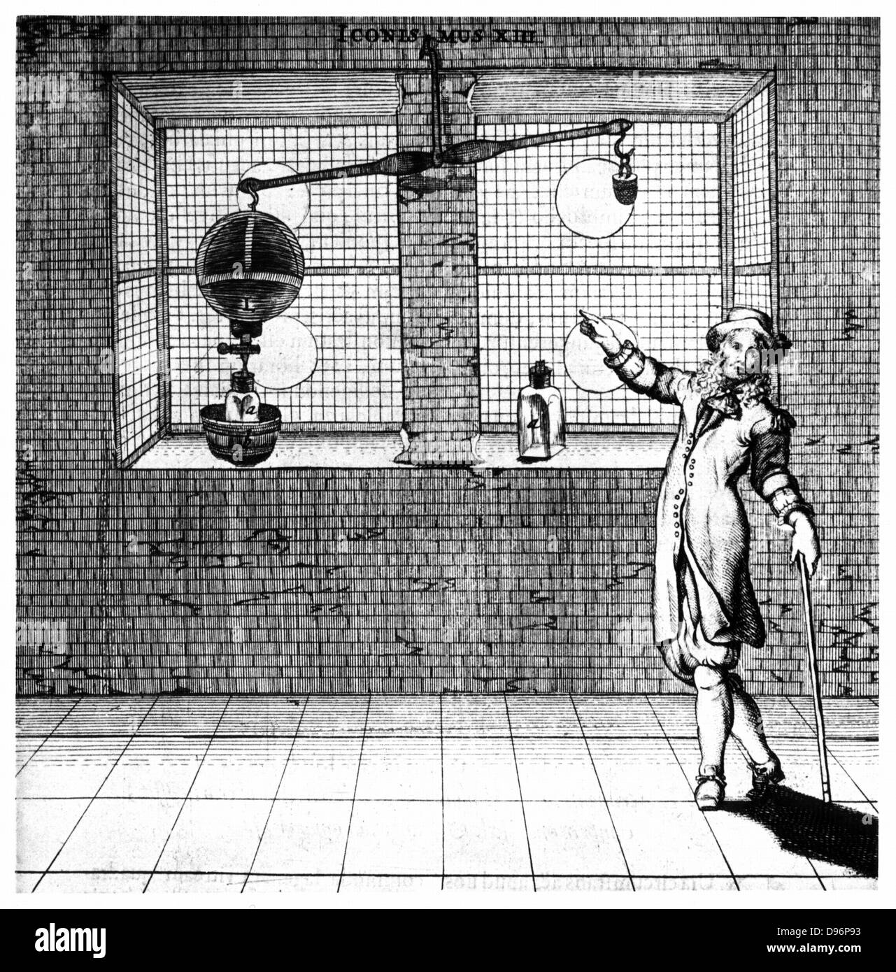 Experiment designed to show that air has weight. From 'Experimenta Nova ut vocantur Magdeburgica De Vacuo Spatio' ('New Magdeburg Experiments About the Vacuum', Otto von Guericke, (Amsterdam, 1672). Engraving. Stock Photo