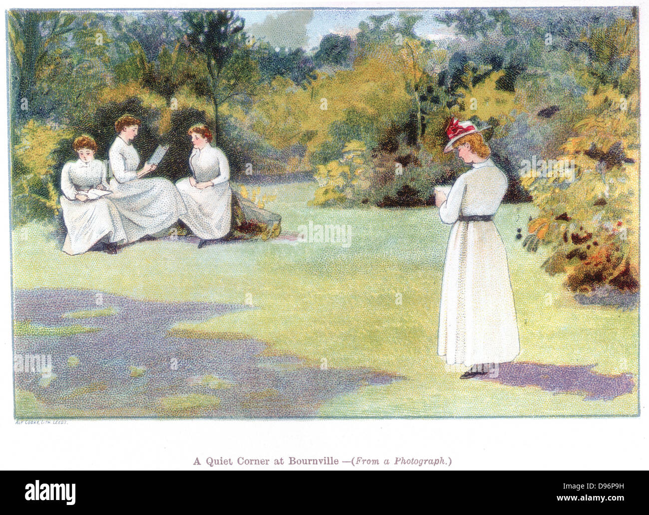 A Quiet Corner at Bournville', 1892. Young women reading in the communal gardens of the ideal village built near Birmingham for their employees by the chocolate manufacturers Cadburys, founded by the Quaker businessman John Cadbury (1801-1889). From 'Cocoa: All About It'. (London, 1892). Stock Photo