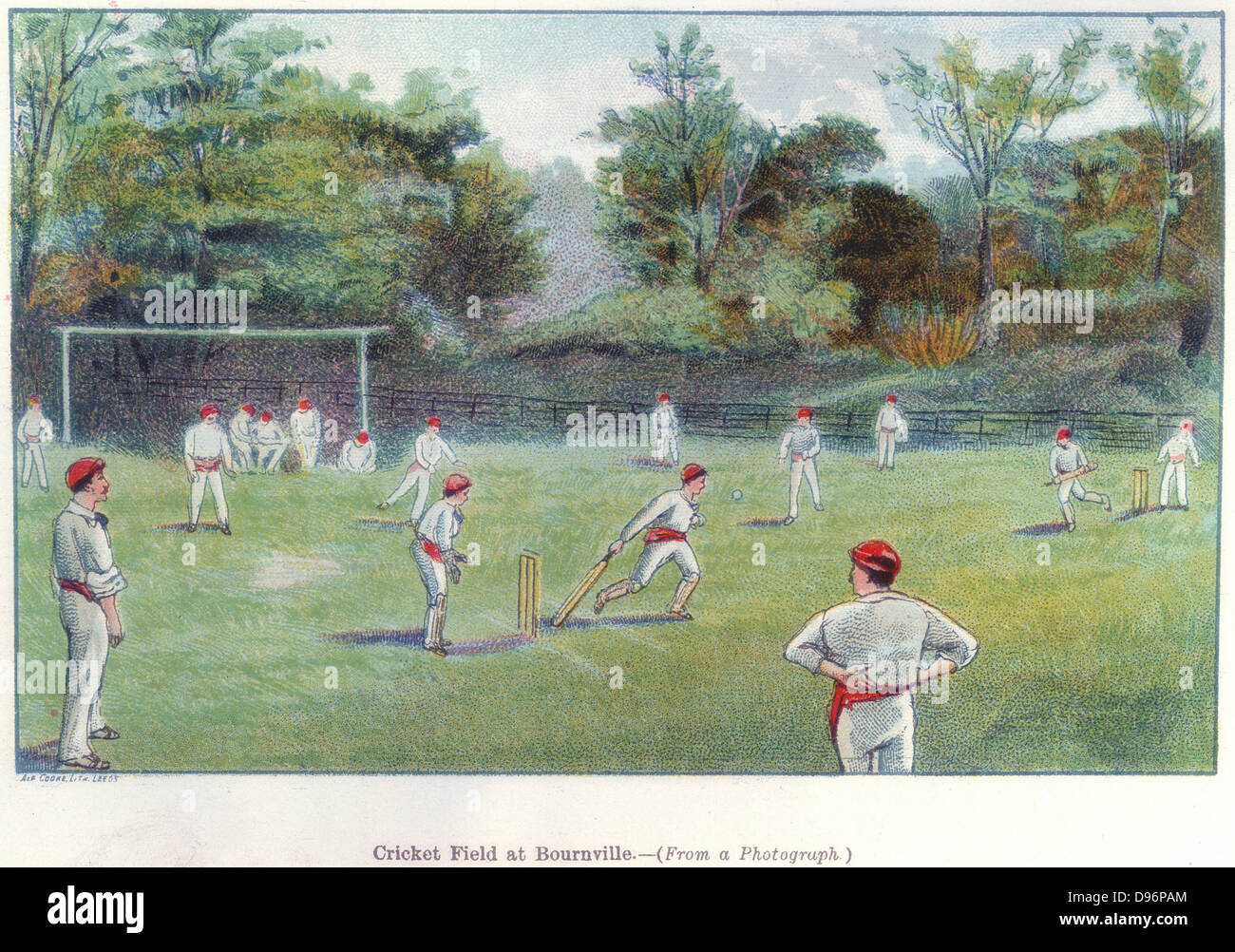 Cricket Field at Bournville', 1892. Bournville was the ideal village built near Birmingham for their employees by the chocolate manufacturers Cadburys, founded by the Quaker businessman John Cadbury (1801-1889). From 'Cocoa: All About it'. (London, 1892) Stock Photo