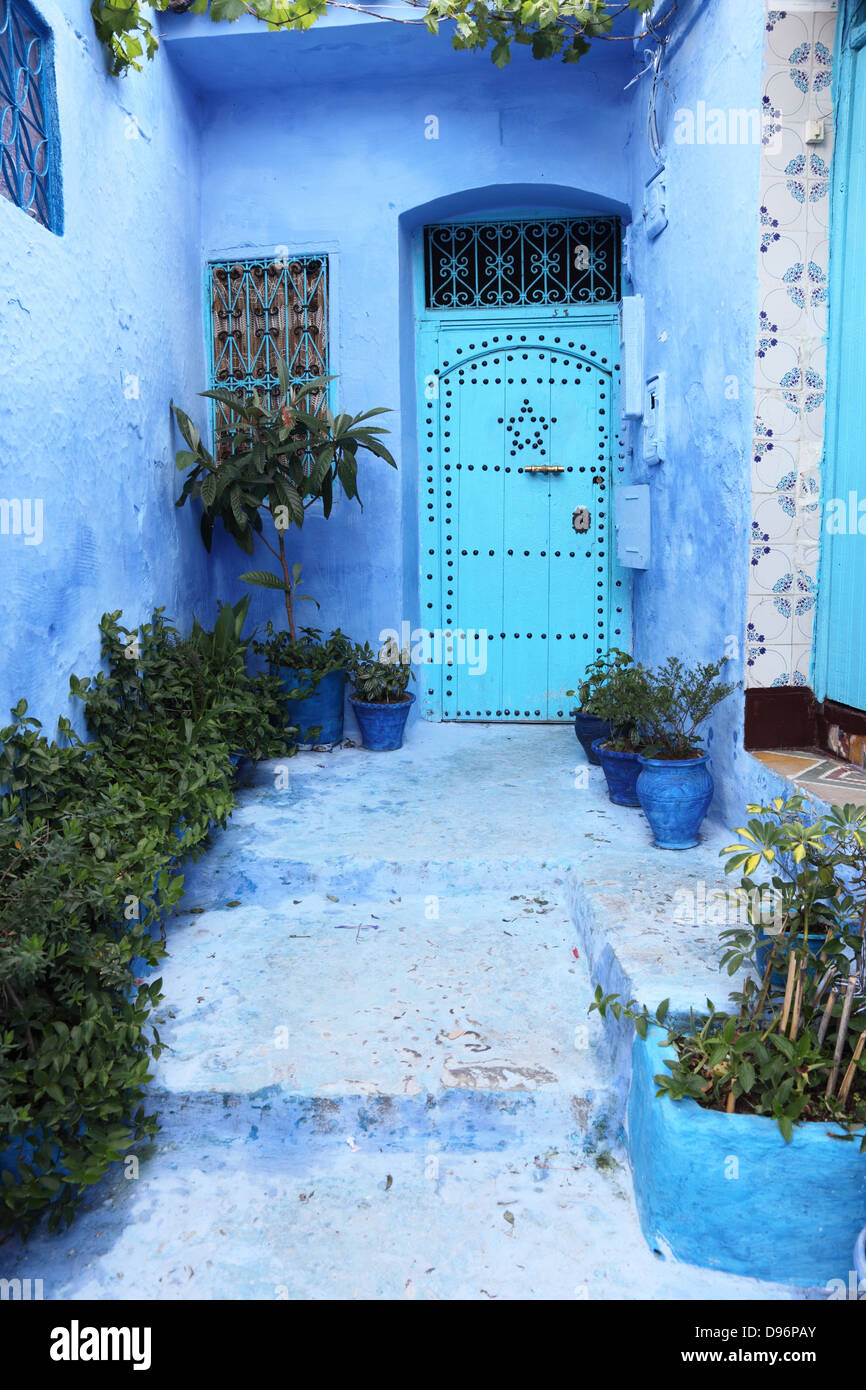 Blue door in the medina of Chefchaouen, Morocco Stock Photo