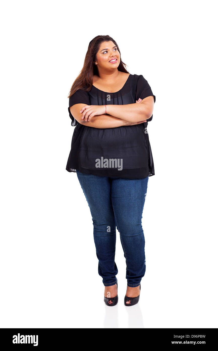 smiling overweight woman looking up isolated on white Stock Photo